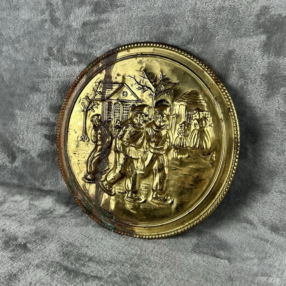 Vintage‎ Elpec Brass Wall Plaque Art Dutch Winter Scene Made In England Patina